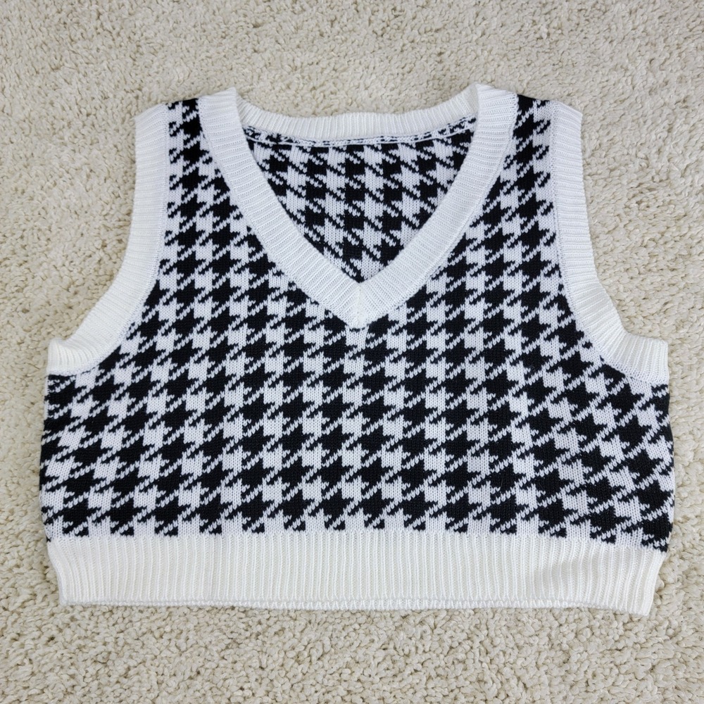Houndstooth Sweater Vest Womens Large – Sleeveless V-Neck Rib Knit Casual Top